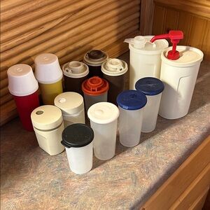 EUC Tupperware Food Storage Misc condiment Set - Red, Blue, White, Black, Orange